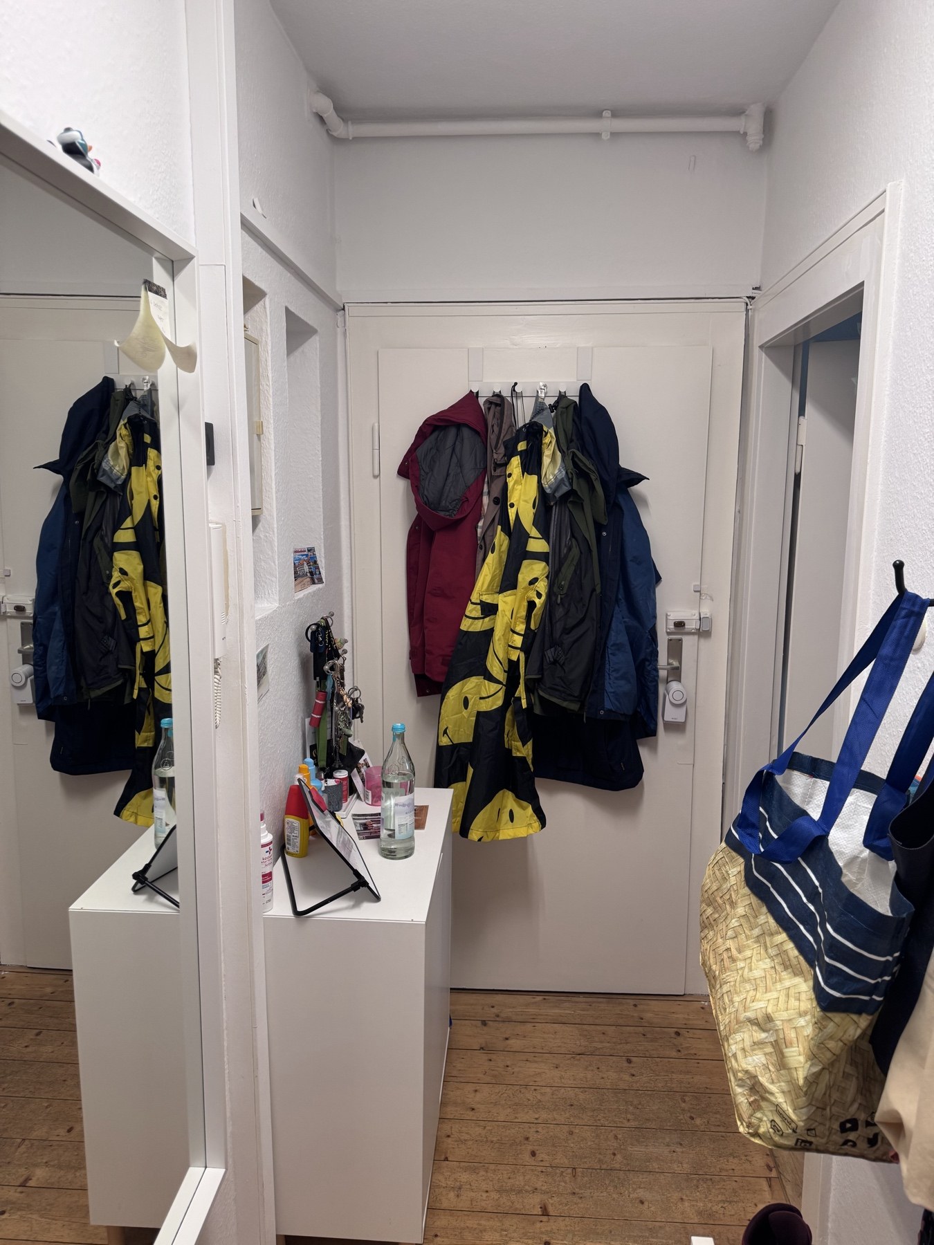 Eingangsbereich der Wohnung mit Holzdielen und Spiegel