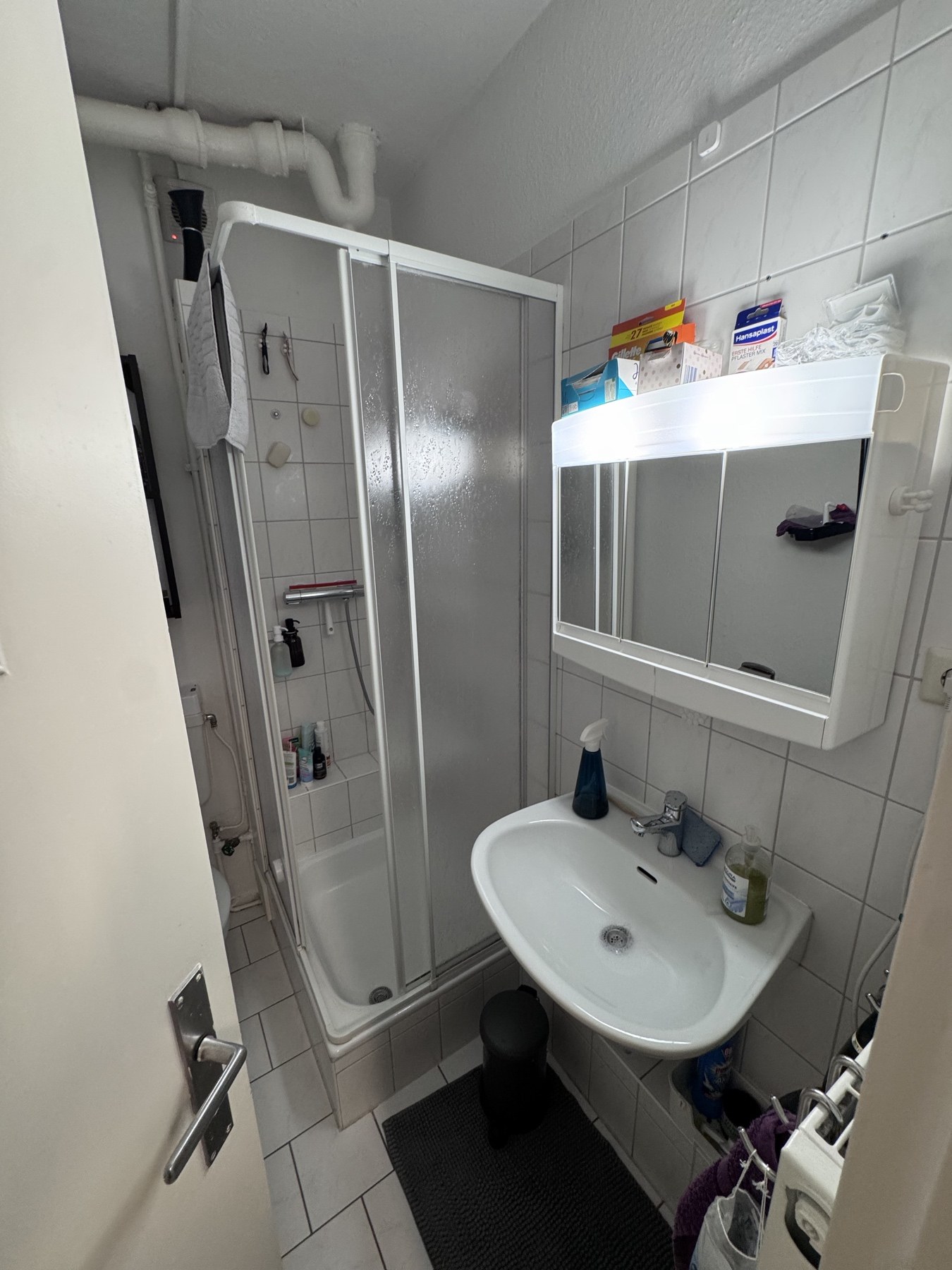Badezimmer mit Dusche, Waschbecken und Spiegelschrank